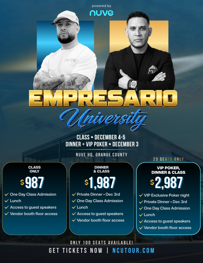 Empresario University powered by Nuve — class December 4-5, dinner and VIP poker December 3, Nuve HQ Orange County. Class only $987, Dinner and Class $1,987, VIP Poker Dinner and Class $2,987. Only 100 seats available